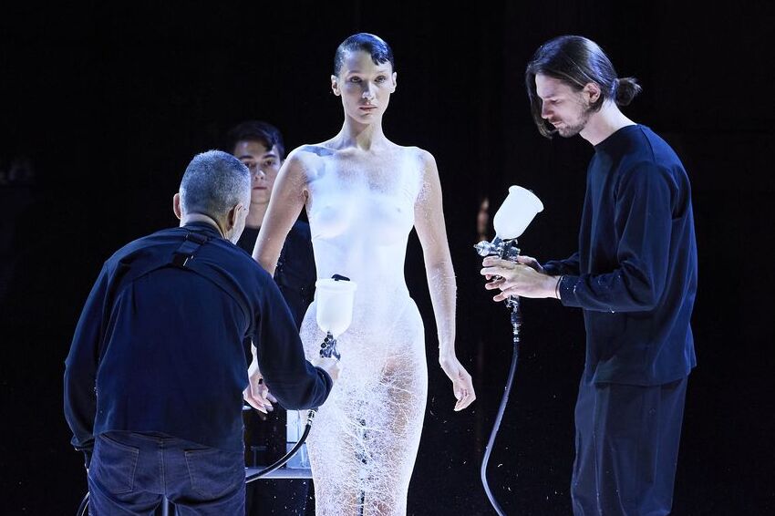 Bella Hadid modeled a Coperni Spray-Painted dress